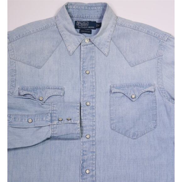 Polo Ralph Lauren Western Denim Chambray Pearl Snap Cowboy Shirt Men's Small - Picture 1 of 6